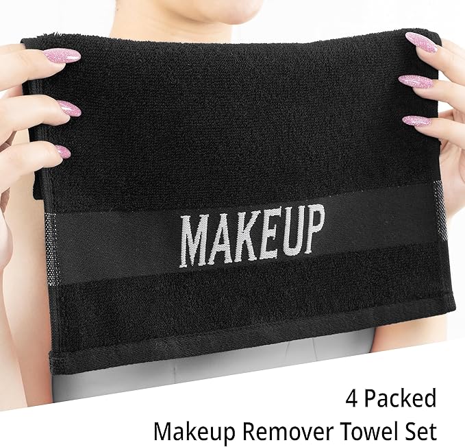 Cotton Paradise 100% Cotton Turkish Towel Set, Soft Absorbent Quick Dry, 4 Piece Makeup Towel Set, Coal Black
