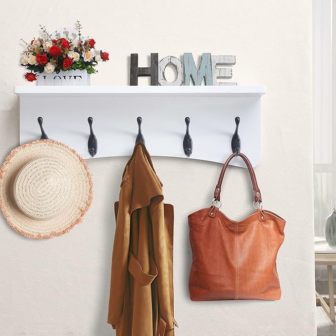 TEG01B Coat Rack Wall Mount with Shelf and 5 Hooks - 17-Inch Heavy Duty Pine Wood Entryway Rack - For Mudroom, Kitchen, Bathroom