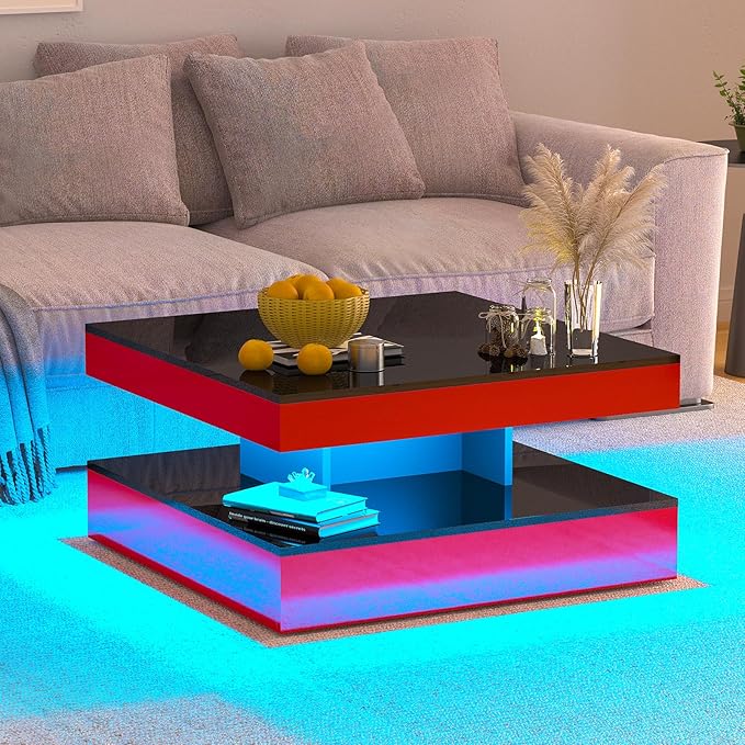 HedoAjim Red LED Coffee Table for Living Room, Living Room Table 2-Tier Square Modern High Glossy Contemporary Wood Coffee Tables with Storage, Tea Table for Dining Reception Room