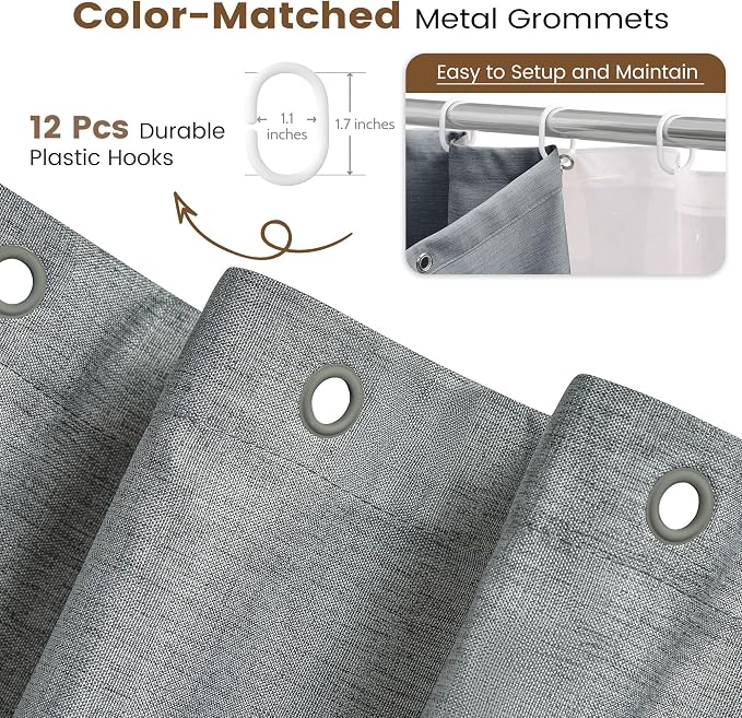 BTTN 3 in 1 Shower Curtain Set - 80 Inch Long Linen Textured Cloth Shower Curtain Liner with Plastic Hook, Tall Modern Hotel Luxury Waterproof Fabric Shower Curtain for Bathroom, Grey/Gray, 72x80