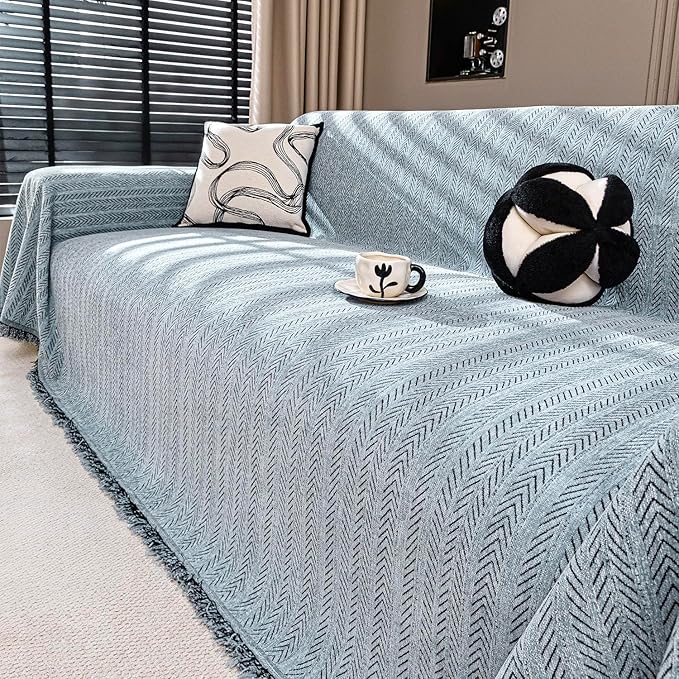 Chenille Couch Cover for Sofa Non Slip Cover Washable Pet Scratch Couch Covers Tassel Sofa Slipcover for 3 Cushion Couch Furniture Protector Blanket for Living Room,Dusty Blue 91"x134"