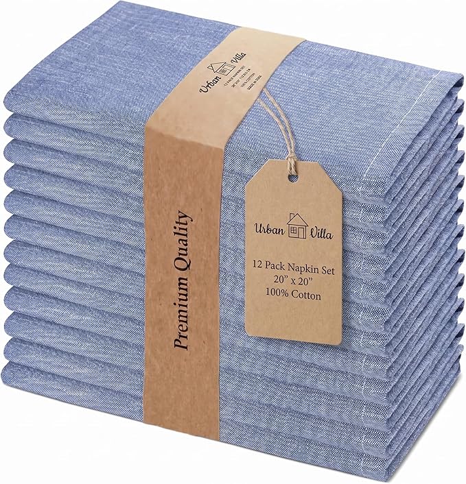Urban Villa Cloth Napkins 100% Cotton Highly Absorbent Washable Reusable Premium Dinner Napkins Ideal for Gifts for Mothers Day Hotel Farmhouse Parties - Blue/White Chambray (20" x 20", Set of 12)