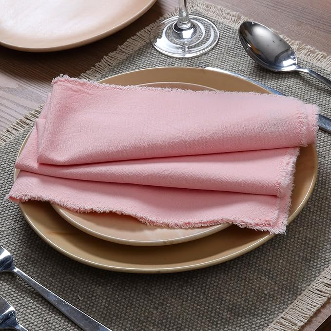 Palisa Premium Cotton Dinner Napkins Set of 4 | Pink Frayed Edge Rustic Farmhouse Table Linen | Soft Washable Long Lasting Durable Cloth Serviettes for Wedding Dining Decor 18x18 Inch