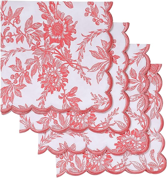 Ridhi Hand Block Print Peach Coral 18" x 18" (Set of 4) Embroidery Table Napkins Reusable Cotton Dinner Napkins for Weddings, Parties, Everyday Dining Gift for Spring, Easter, Valentine