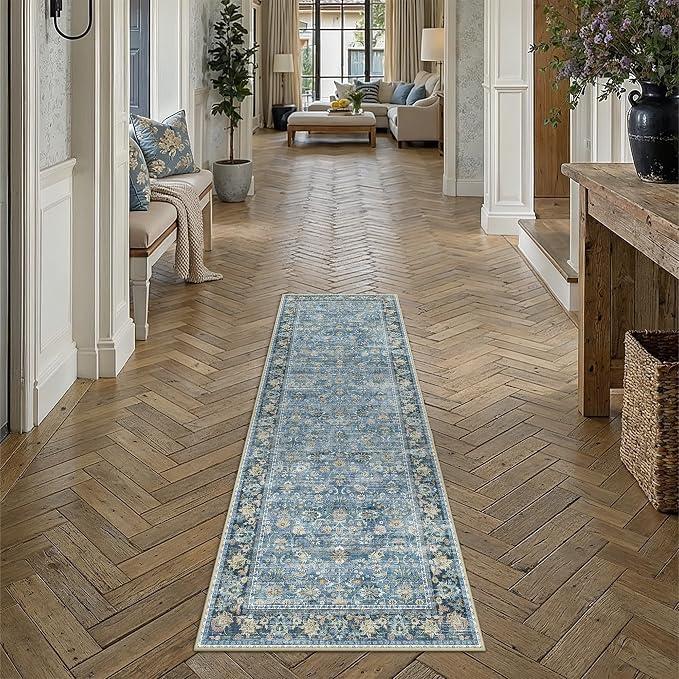 HUGEAR 2x6 Runner Rug Machine Washable Light Blue Hallway Area Rugs Indoor Accent Rugs Floral Low Pile Carpet Distressed Throw Rug Bedroom Living Room Office Dining Kitchen Laundry Non Slip