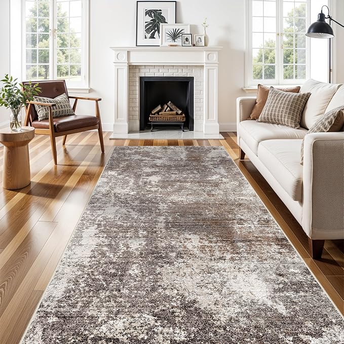 4x10 ft Rug for Wide Hallway – Non-Slip Washable Large Carpet Runner for Kitchen Indoor Entryway Modern Abstract Low-Pile Thin Floor Mat (Brown Beige,4x10)