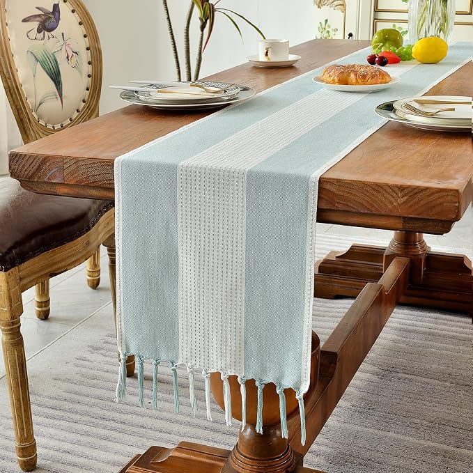 Wracra Linen Table Runner, Farmhouse Macrame Table Runners 36 Inches Long for Dining Table Decor, Wedding, Party and Dresser Decor (Aqua Blue,36")