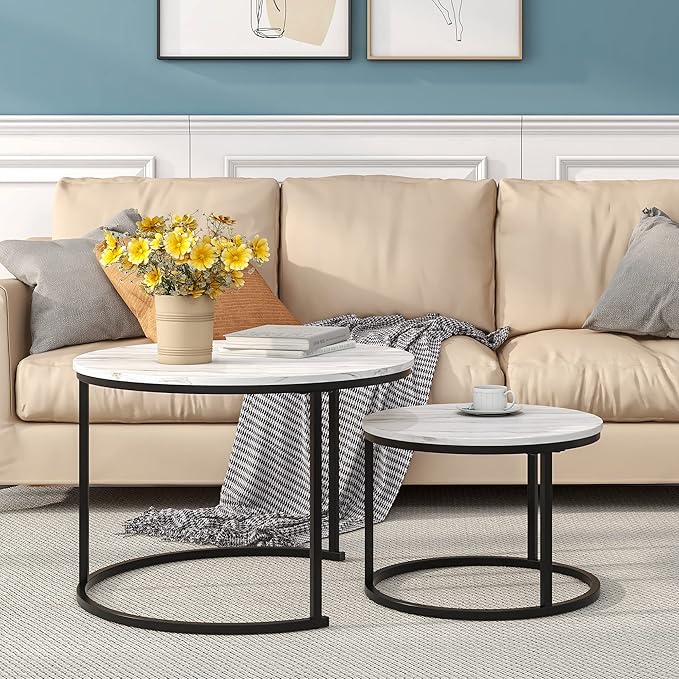 HOJINLINERO Round Coffee Table,Nesting Coffee Table Set of 2,Center Tables for Living Room,Office, Home Small Space,Stacking Side Tables,Sturdy and Easy Assembly,Wood Desktop,Black+White,Large