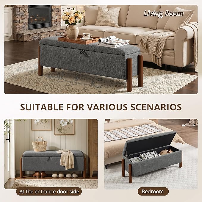 47'' Modern Storage Ottoman Benches with Walnut Wood Legs Ottoman Bench with 22 Gallons Storage Space Fabric Upholstered Seating End of Bed Bench for Bedroom for Livingroom Darkgrey