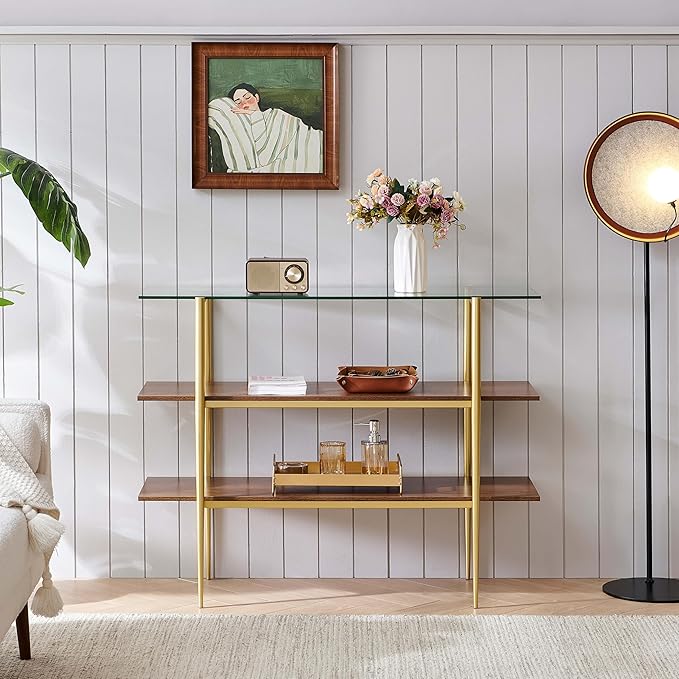LumFurn Glass Console Table for Living Room, Foyer & Entrance, H41 x W14 x H31inch, 3-Tier Mid-Century Modern Sofa Table with Clear Glass Top, Walnut Finish Wood Shelf and Gold Finish Frame
