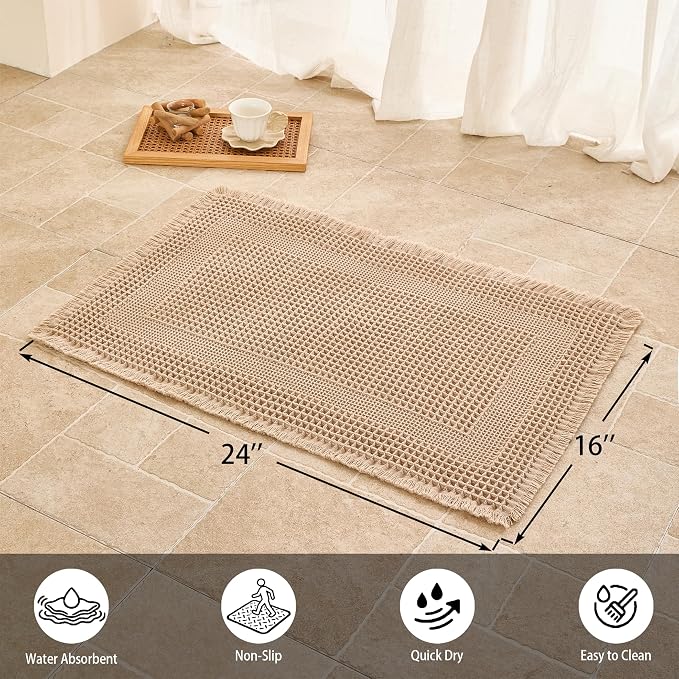 Waffle Bath Mat Non Slip, Boho Bathroom Rug, Super Absorbent Quick Dry Bathroom Mat, Soft Farmhouse Bath Rug with Tassels, Small Washable Shower Mats for Floor 16"x24", Square Brown