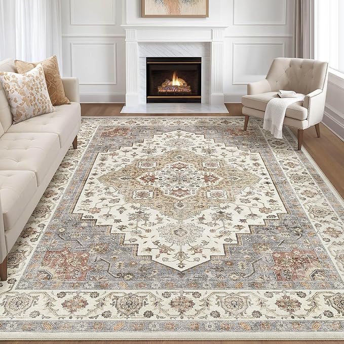 7x10 Area Rug Living Room: Washable Boho Large Neutral Vintage Soft Rugs Stain Resistant Farmhouse Non-Slip Indoor Floor Carpet for Bedroom Nursery Kids Playroom Office Dining Room- Orange Beige
