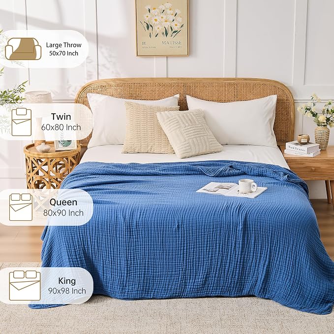VANJOROY 9-Layer Muslin Throw Blanket King 90" x 108" Blue, 100% Cotton Organic Breathable Lightweight Large Throw for Couch Bed Quilt and Bedspread - All Season Muslin Soft Gauze Blanket