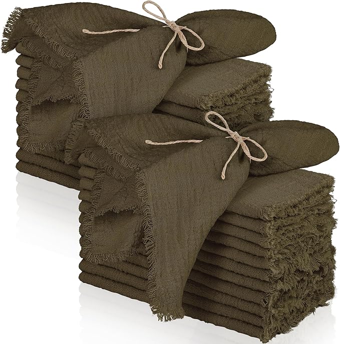 TURSTIN 24 Pieces Cotton Linen Cloth Napkin Handmade Cloth Napkin with Fringe 17 x 17 Inch Soft Dinner Wedding Napkins Square Rustic Fringe Table Napkins for Dinners, Parties, Weddings, Coffee