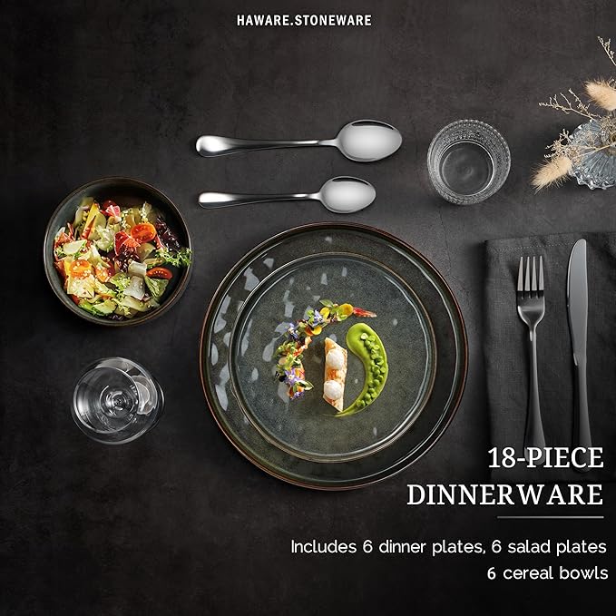 HaWare Dinnerware Sets, 18-Piece Plates and Bowls Set, Stoneware Dish Set for 6, Ceramic Dinnerware for Home Restaurant, Chip and Scratch Resistant, Microwave and Dishwasher Safe, Reactive Moss Green