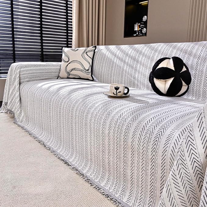 Chenille Couch Cover for Sofa Non Slip Cover Washable Pet Scratch Couch Covers Tassel Sofa Slipcover for 3 Cushion Couch Furniture Protector Blanket for Living Room,Beige 71"x150"
