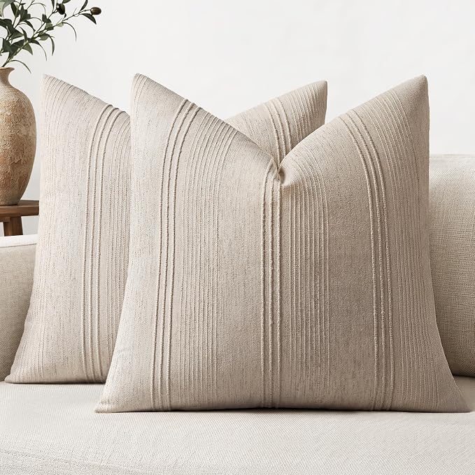 MIULEE Striped Euro Sham Pillow Covers 26x26 Decorative Textured Throw Pillow Covers Pack of 2 Linen Cushion Cases for Couch Bed Sofa Livingroom Farmhouse Home Decor, Natural Linen