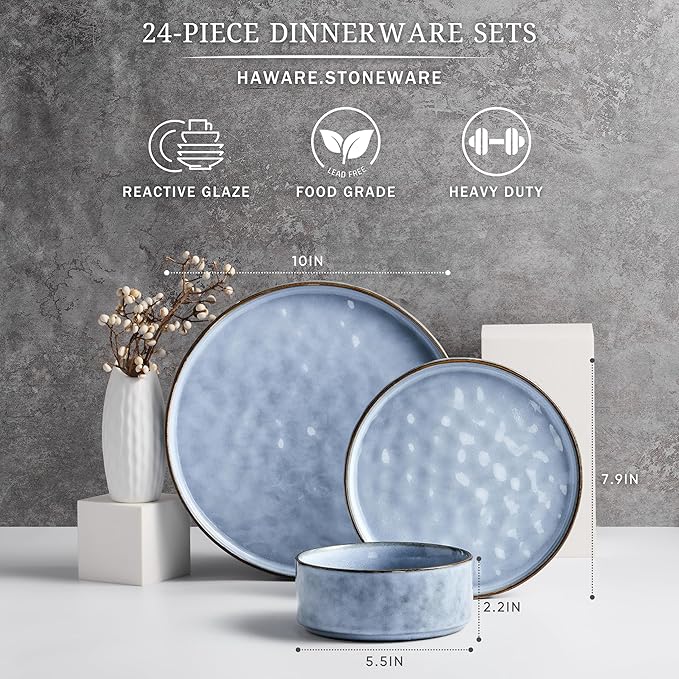 HaWare Dinnerware Sets, 24-Piece Plates and Bowls Set, Stoneware Dish Set for 8, Ceramic Dinnerware for Home Restaurant, Chip and Scratch Resistant, Microwave and Dishwasher Safe, Reactive Blue