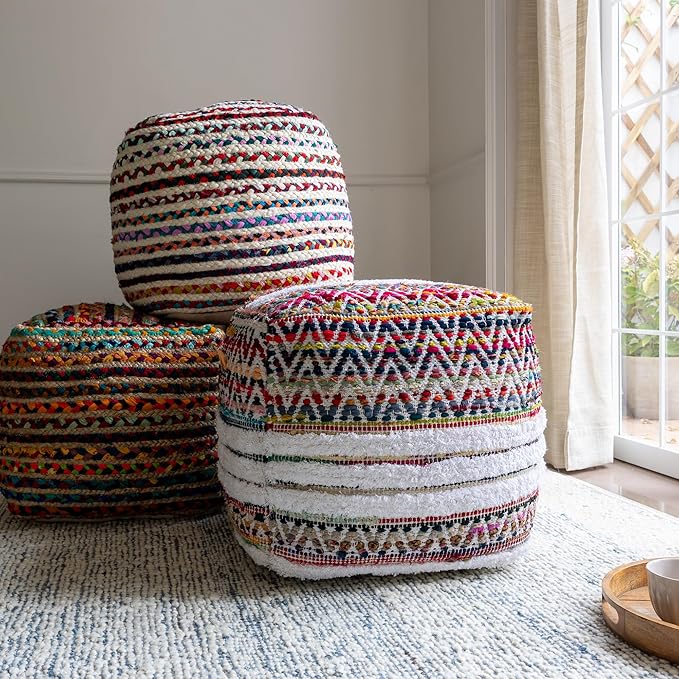 L. R. Resources, Inc. LR Home Multi/White Bohemian Chevron Hand-Made Cotton Blend Ottoman Pouf for Home Decor | Foot Rest for Bedroom & Living Room Decor | 18 x 18 x 18 Stuffed Ottoman for Seating