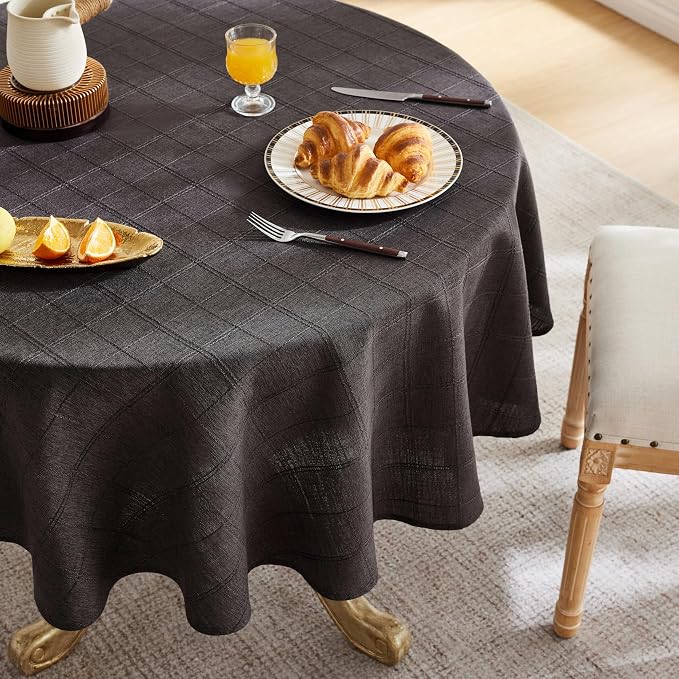 ZeeMart Linen Checked Table Cloth 52 Inches Round, Farmhouse Style Plaid Embroidered Water Resistant Table Cover, Charcoal