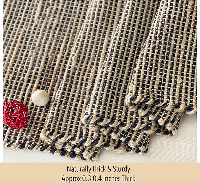 Chardin home Natural Jute Table Runner 13x108 Inch – Vintage Boho Rustic Table Decor – Handwoven Long Table Runner in Natural Jute and Black – Farmhouse Dining or Console Table Accent