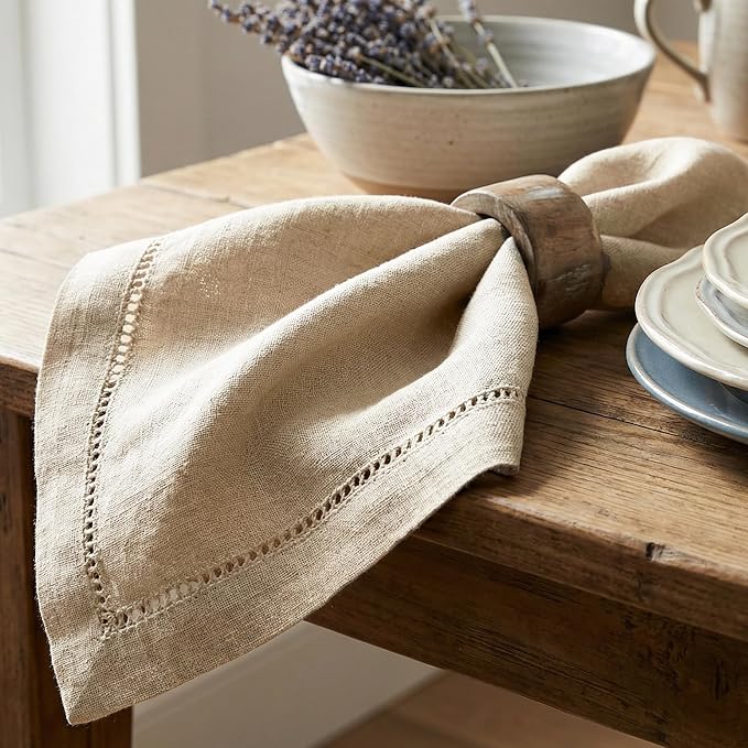 Flax Hemstitched Cloth Dinner Napkin Set of 4 Natural 20x20 Inches, Decorative Premium Cotton Linen Dinning Table Napkins Ideal for Mother's Day, Cocktail Party | Kitchen Napkin for Home Décor