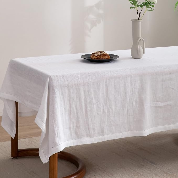 EVERLY Pure Linen Hemstitch Tablecloth,100% Stonewashed French Linen tablecloths for Kitchen Dining Rectangle Tables,60x84Inch Machine Washable Christmas Thanksgiving Organic Tablecloth-White