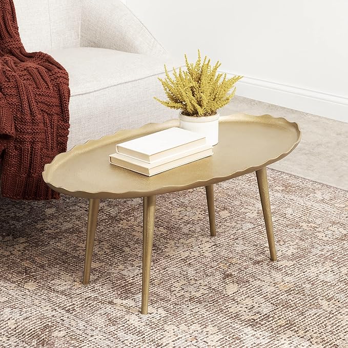 Kate and Laurel Alessia Modern Glam Oval Coffee Table; 34 x 20 x 15; Gold; Metal Living Room Table for Storage and Display with Antique Deckled Edge Detailing