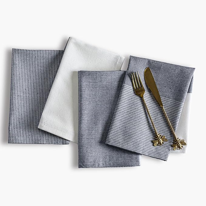 Palisa 100% Cotton Cloth Dinner Napkins [Pack of 4, Denim Blue] Striped Pattern Reusable Table Linen Napkins for Home & Kitchen | Parties & Farmhouse Dining Décor 18x18 Inch
