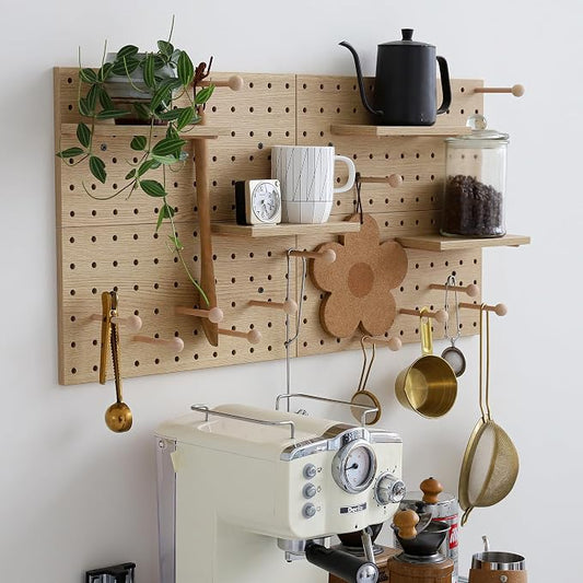 Pegboard Wall Organizer,4 Pack Large Peg Board with Shelves & Brass Hooks, Modular DIY Storage Panel for Entryway, Craft Room - Heavy Duty Display Board for Hats, Keys—Oak Color Finish
