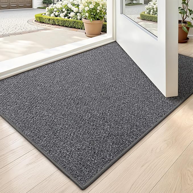 LUMI Ultra Thin Indoor Door Mat for Entrance 17"x30", Non Slip Entryway Mat, Low Profile Doormat, Unique Herringbone Design Carpet for Inside, Patio, Porch, Dark Gray