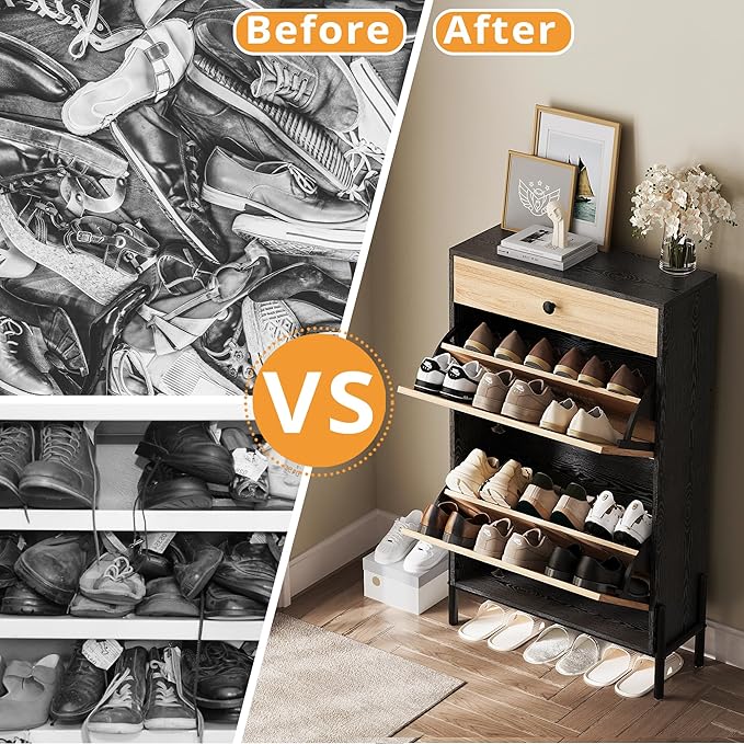 IRONCK Shoe Cabinet with 2 Flip Drawers, Shoe Storage Cabinet for Entryway, Free Standing Shoe Storage Organizer with Rattan Doors Slim Narrow Shoe Rack Cabinet, Black