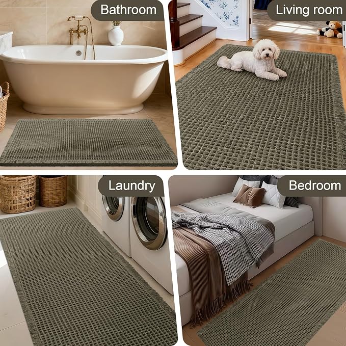 Upgraded Waffle Bath Mat Set 2 Piece Greyish Green, Super Absorbent Non-Slip Quick Dry Bathroom Rugs with Tassels, Machine Washable Ultra Soft Boho Bath Rugs for Floor, Bath Mats Boho Farmhouse Decor