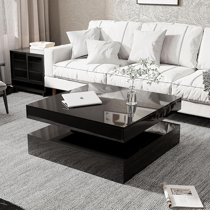 HedoAjim Black LED Coffee Table for Living Room, Living Room Table 2-Tier Square Middle Center Table, Modern Coffee Tables with Storage, Contemporary Wood Tea Tables for Dining Reception