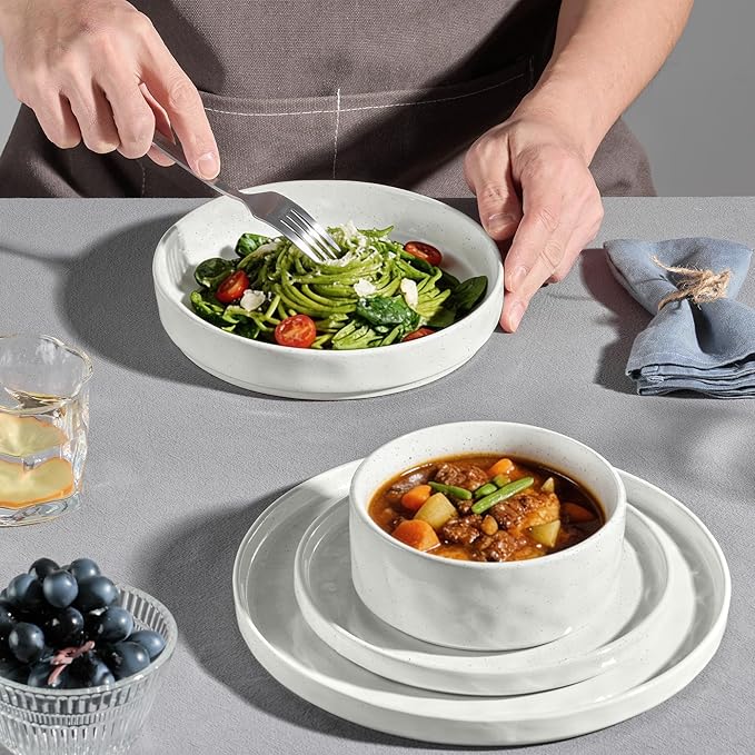 E-far 24-Piece Plates and Bowls Sets with Pasta Bowls - Stoneware Dinnerware Set for 6, Modern Ribbed Speckled White Dishes, Microwave & Dishwasher Safe