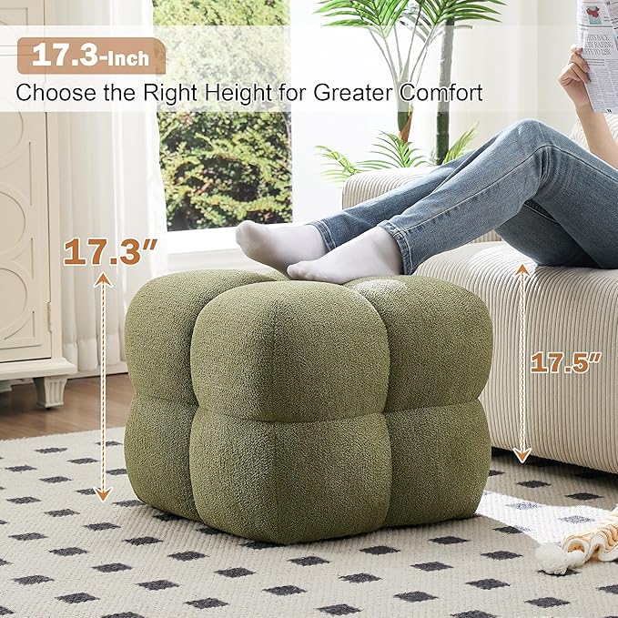 Zesthouse Square Pouf Ottoman Footstool, Modern Ottoman Coffee Table for Living Room, Poofy Boucle Stool Foot Rest, Upholstered Tufted Stool for Couch, Cube Vanity Chair Backless for Bedroom, Green