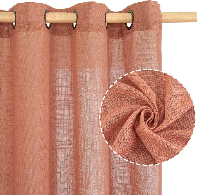 LAMIT Short Linen Curtains 40 Inch Length for Kitchen, Semi Sheer Light Filtering Window Curtains Farmhouse Boho Bronze Grommet Panels for Cafe/RV Camper, Terracotta, 2 Panels, 34 x 40 Inch