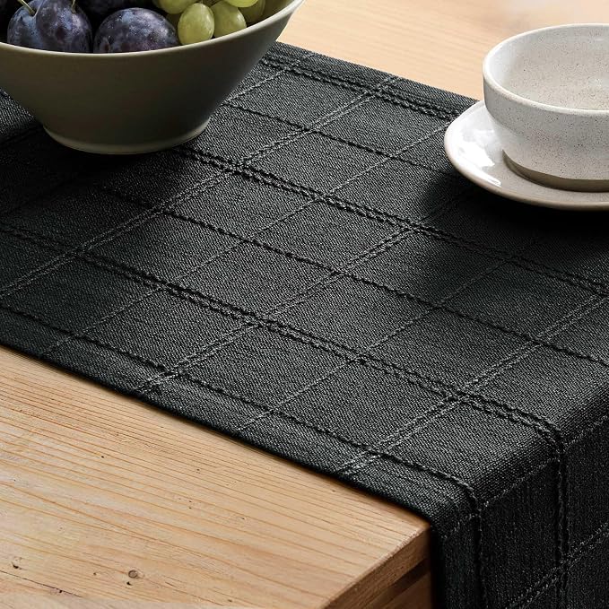 ZeeMart Linen Checked Farmhouse Table Runner, 13x90 Inches Black | Raised Grid Design, Rich Woven Texture, Linen Blend Table Runners 90 Inches Long, Machine Washable, Boho Home Kitchen Decor