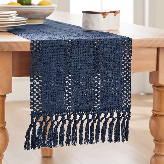 ZeeMart Macrame Style Boho Table Runner, Navy Table Runners 48 Inches Long, Farmhouse Woven Home Decor, 12x48 Inch, Navy Blue