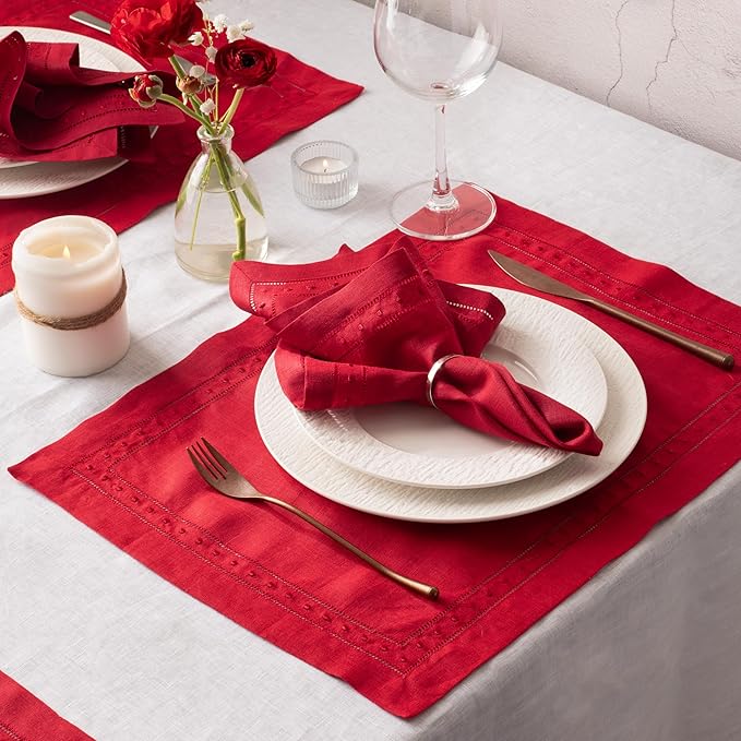 Linen Napkins Set of 4-100% Pure Linen Red Embroidered Dinner Napkins - Hemstitch Cloth Napkins Washable for Christmas and Winter Decor