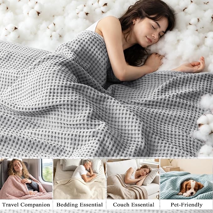 Exclusivo Mezcla Pre-Washed 100% Cotton Waffle Blanket Queen Size for Bed, 330GSM Lightweight Breathable Summer Blankets, Soft and Cozy, Home Decor, Light Grey, 90x90 Inches