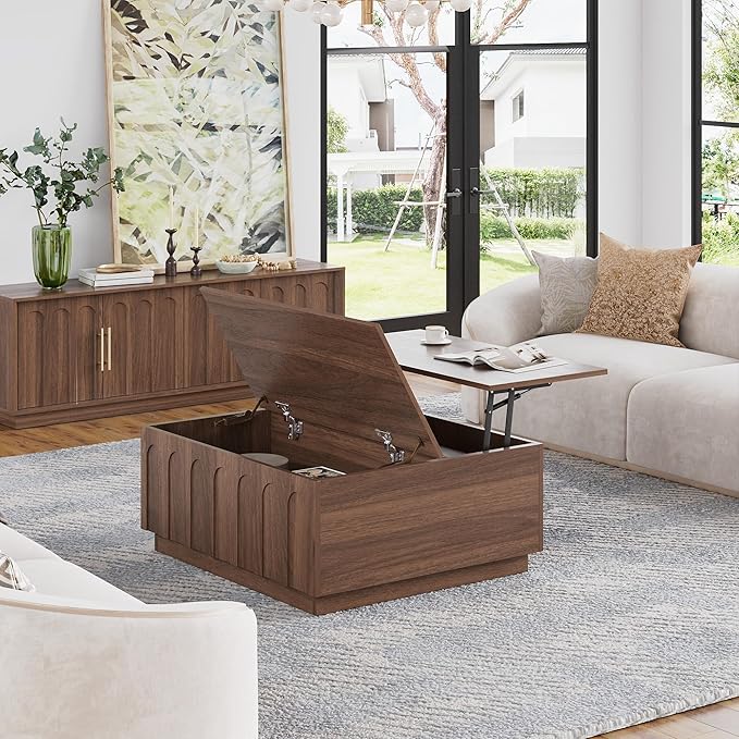 FORTUNETEC Lift Top Coffee Table with Storage, Modern Coffee Table with Arched Design, 31.5" Square Tea Table with Wood Grain, Minimalist Multifunctional Center Table for Living Room, Office, Walnut