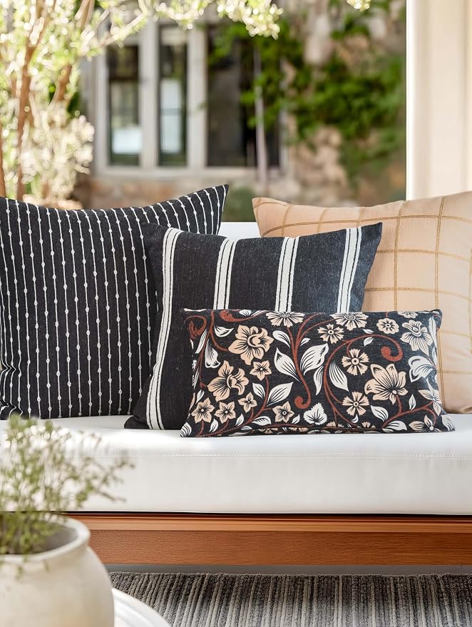 Crumbs Home Modern Farmhouse Fall Linen Indoor Outdoor Throw Pillow Cover Only, 22"x22" Water Repellent for Patio, Backyard, Couch, Ivory Cream Plaid
