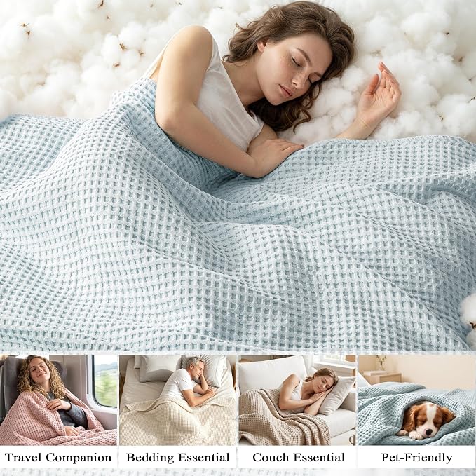 Exclusivo Mezcla Pre-Washed 100% Cotton Waffle Blanket Queen Size for Bed, 330GSM Lightweight Breathable Summer Blankets, Soft and Cozy, Home Decor, Ice Blue, 90x90 Inches