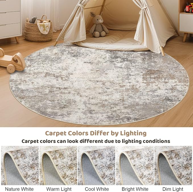 UERMEI 6ft Round Area Rug Living Room Rugs - 6x6 Washable Neutral Modern Abstract Soft Thin Rug Indoor Floor No Slip Rug Carpet for Bedroom Under Dining Table Home Office Decor - Brown Grey
