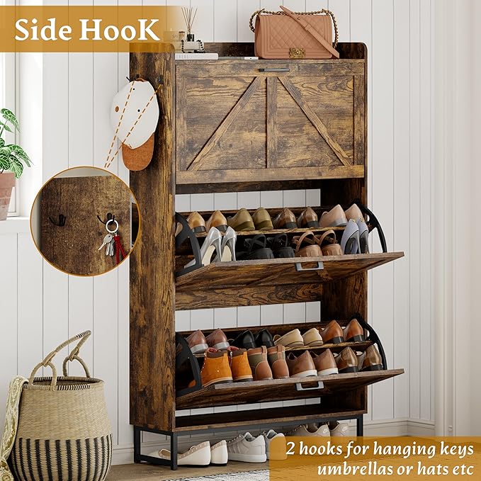 Wodeer Shoe Cabinet Storage for Entryway, Shoe Storage Cabinet with 3 Flip Drawers, Freestanding Narrow Shoe Rack Organizer with Metal Legs & Side Hook for Foyer, Hallway, Brown