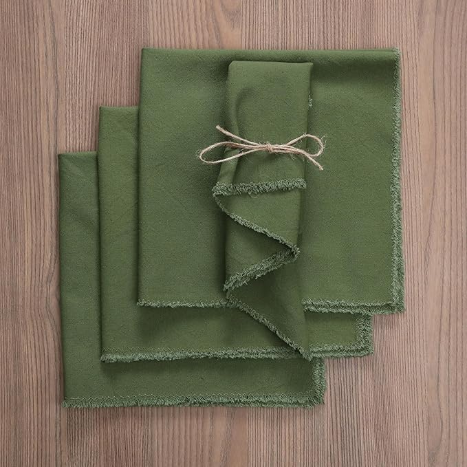 Palisa Premium Cotton Dinner Napkins Set of 12 | Olive Green Frayed Edge Rustic Farmhouse Table Linen | Soft Washable Long Lasting Durable Cloth Serviettes for Wedding Dining Decor 18x18 Inch