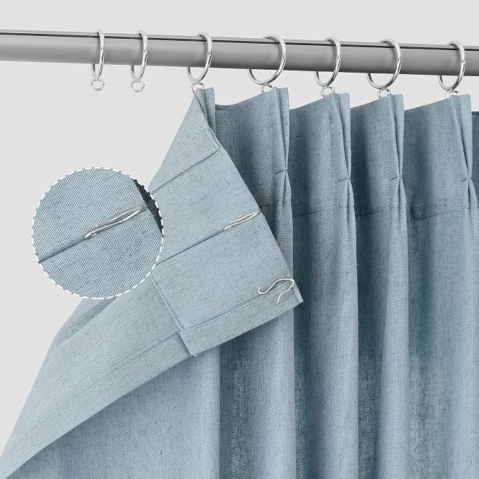 Pinch Pleated 90 Inch Curtains 2 Panels for Living Room Linen Curtains 90 Inches Long Pinch Pleat Drapes for Track System Light Filter Semi Sheer Curtain for Dining Bedroom Office Stone Dusty Blue