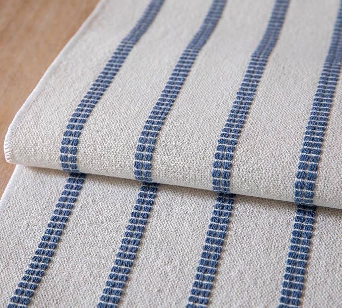 Caflife Boho Table Runner 90 Inchs Long Blue and Beige, Cotton and Linen Woven with Tassels, for Modern Rustic Farmhouse Neutral Table Runners, Bohemian Kitchen Dining Table Home Decor