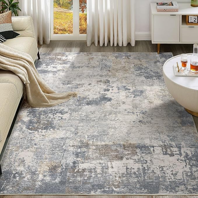 UERMEI 12x15 Area Rug Living Room Rugs - Washable Neutral Modern Abstract Soft Thin Large Rug Indoor Floor No Slip Rug Carpet for Bedroom Under Dining Table Home Office Decor - Blue Grey